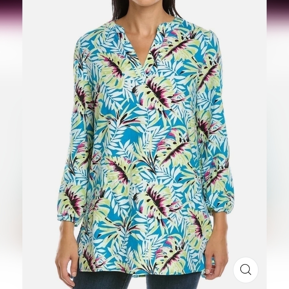 NWT Anne Klein Hawaiian Print Linen Blend Vneck 3/4th Length Sleeve Tunic Sz 0X
